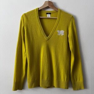 J. Crew Vintage Wool V-Neck Sweater Metallic Polar Bear Chartreuse size medium
